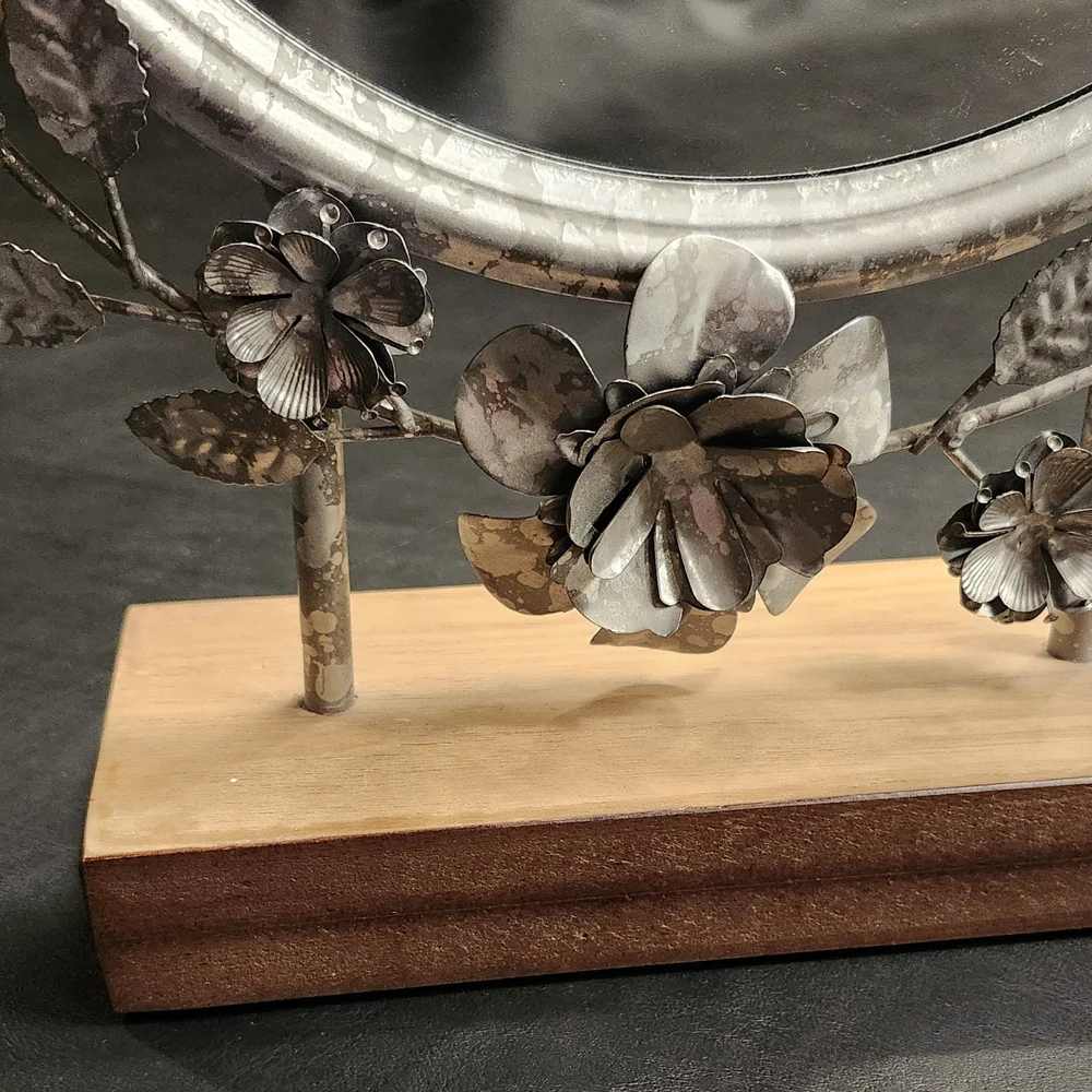 Decorative Silver Floral Round Mirror On Stand- Silver